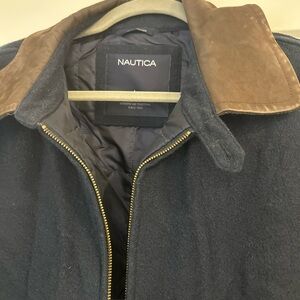Vintage Nautica Men's Navy Blue wool and Tan leather collar Field Jacket